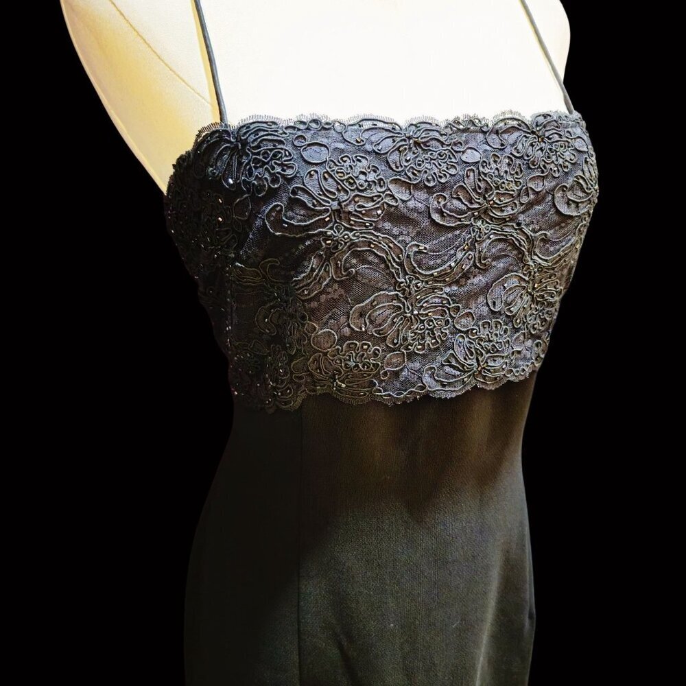 Donna Morgan Lace Cocktail Dress ✦ Black Midi Faux Button Back ✦ Spaghetti Strap